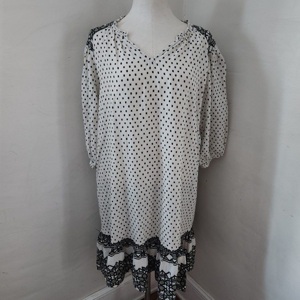 Knox Rose Womens White Black Geometric Lace Trim Boho Puff Sleeve Dress Medium